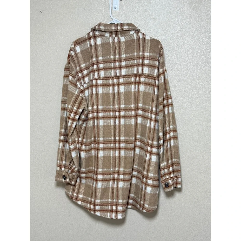 Love Tree Tan White Plaid Button Front Shacket Shirt Jacket Large 80073JY